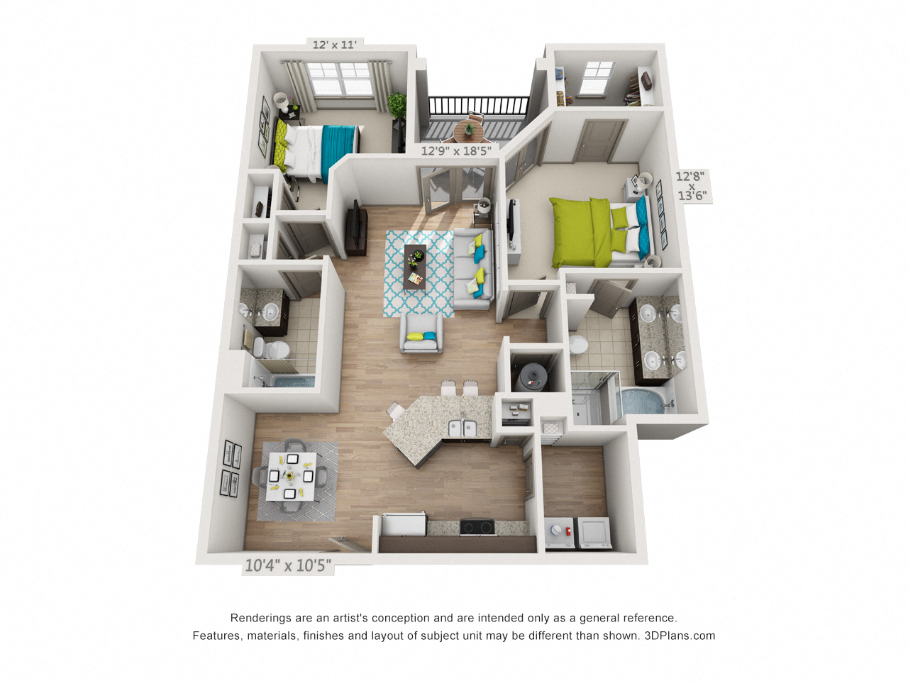 Two bedroom apartment floor plan rendering